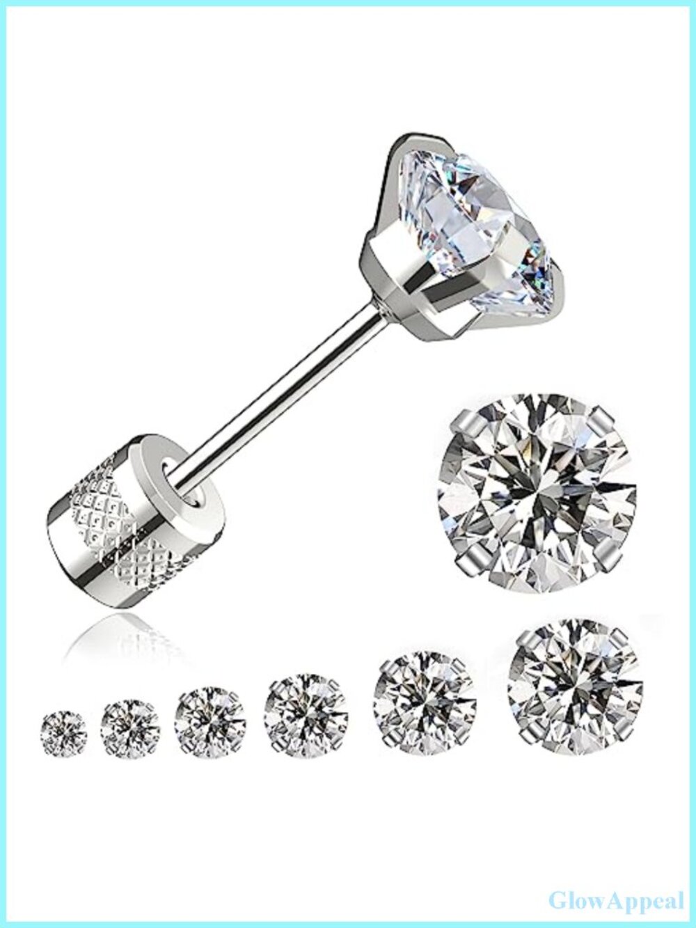 Threadless Flat Back Stud Earrings Set 6 Pairs Titanium Hypoallergenic CZ